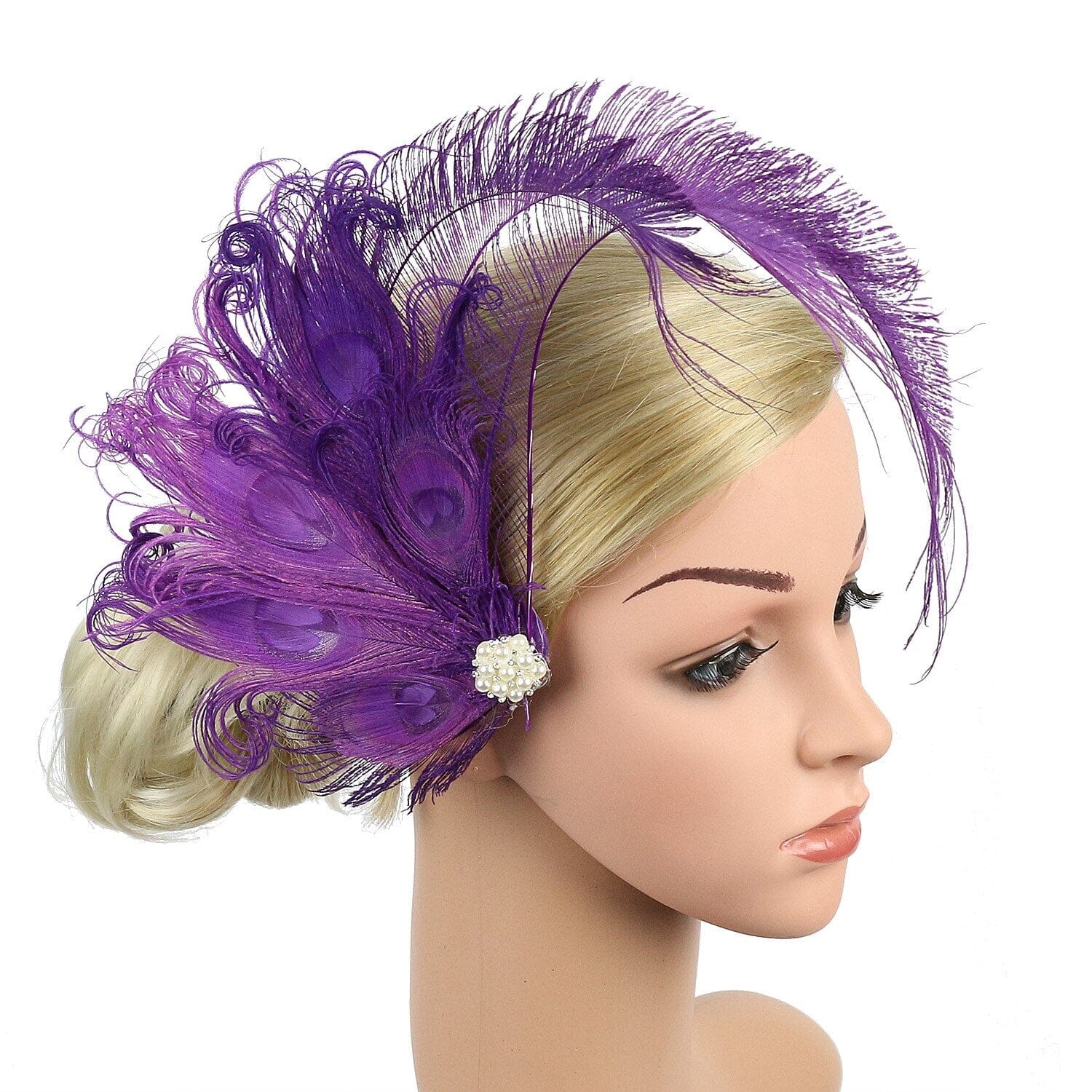 Women Peacock Feather Hair Clip with Pearl Rhinestone Fascinator 1920s Gatsby Headpiece Hat jehouze Purple 