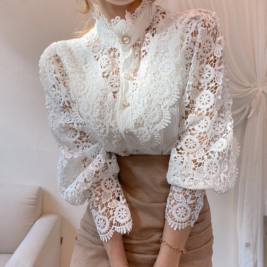 Women Petal Sleeve Flower Lace Patchwork Mock Neck Front Button Tops_ jehouze 4XL White 