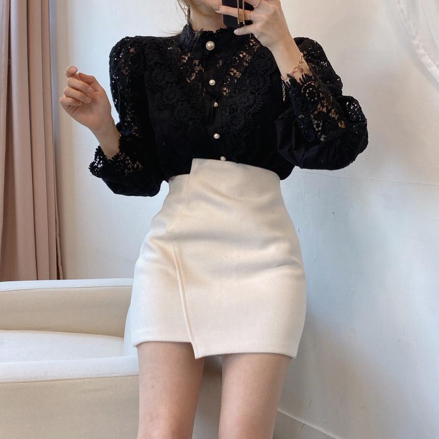 Women Petal Sleeve Flower Lace Patchwork Mock Neck Front Button Tops_ jehouze 