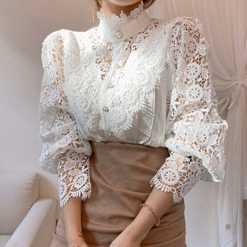 Women Petal Sleeve Flower Lace Patchwork Mock Neck Front Button Tops_ jehouze L White 