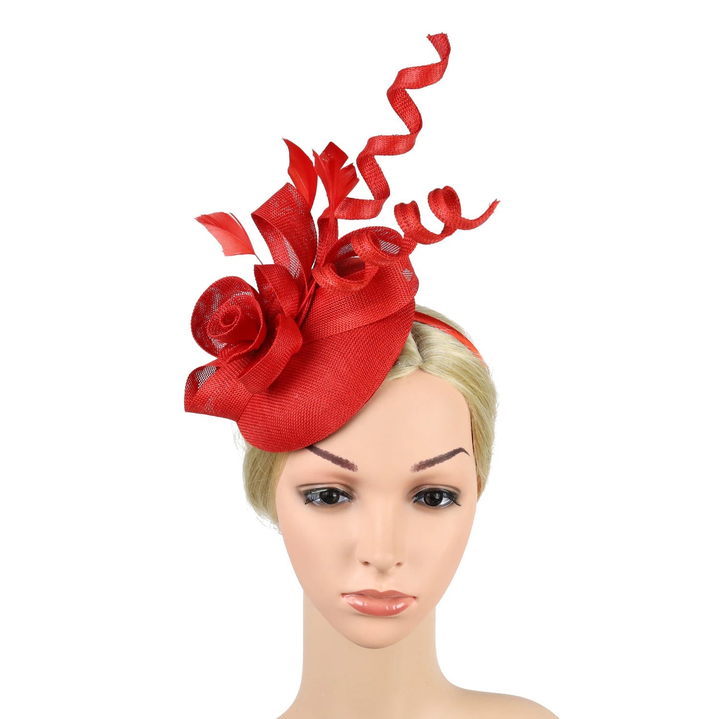 Women Pillbox Hat Fascinator Tea Party Kentucky Derby Feather Headband Hat jehouze Red 