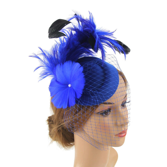 Women Pillbox Hat Mesh Veil Vintage Fascinators Tea Party Bridal Wedding Halloween Headband Hat jehouze Blue 