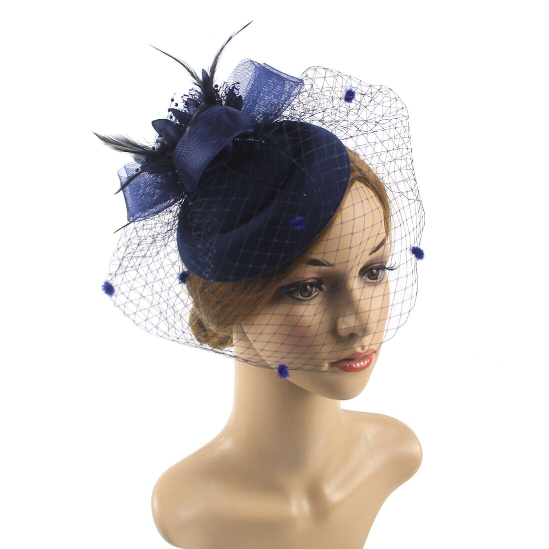 Women Pillbox Hat Polka Dot Veil Vintage Fascinators Tea Party Bridal Wedding Halloween Headband Hat jehouze 10 Navy Blue 