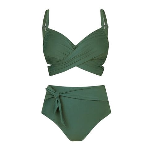 Women Plus Size 2 pc High Waisted Wrapped Front Self Tie Back Knotted Bottom Swimwear jehouze 