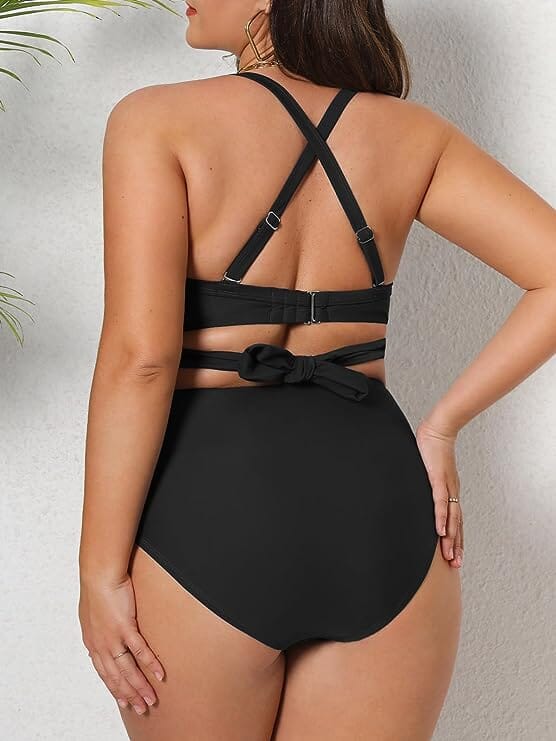 Women Plus Size 2 pc High Waisted Wrapped Front Self Tie Back Knotted Bottom Swimwear jehouze 