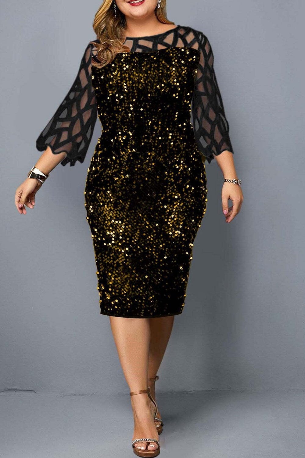 Women Plus Size Elegant Sequin Sparkle 3/4 Sleeve Mesh Bodycon Wedding Evening Clubwear Party Midi Dress_ jehouze 