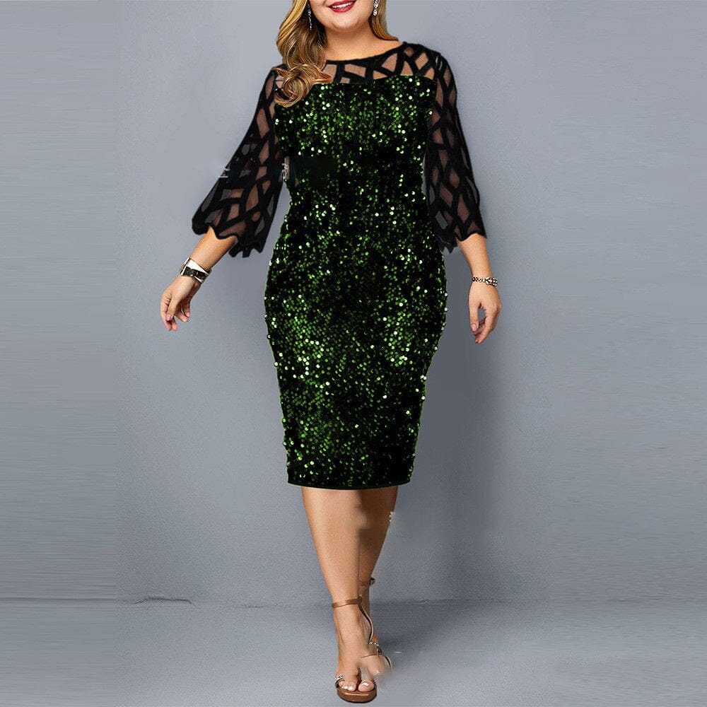 Women Plus Size Elegant Sequin Sparkle 3/4 Sleeve Mesh Bodycon Wedding Evening Clubwear Party Midi Dress_ jehouze Green on Black L 