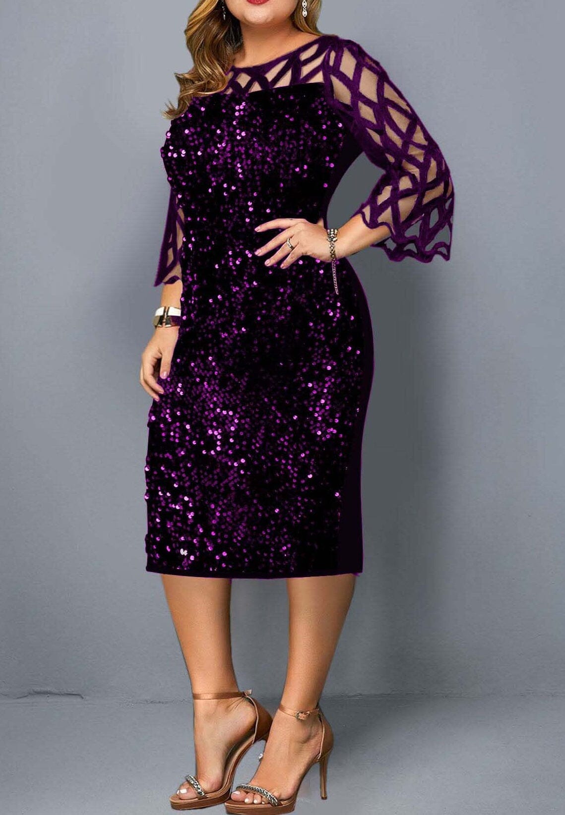 Women Plus Size Elegant Sequin Sparkle 3/4 Sleeve Mesh Bodycon Wedding Evening Clubwear Party Midi Dress_ jehouze Purple L 