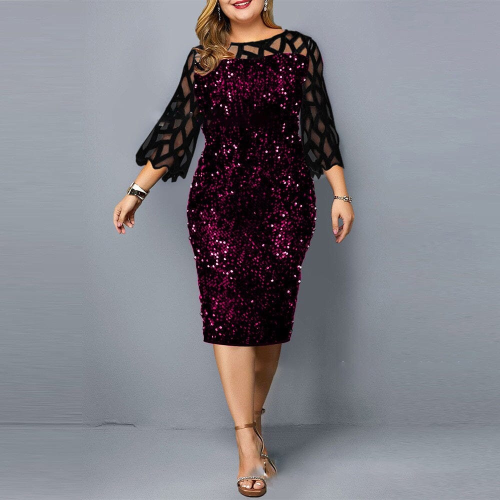 Women Plus Size Elegant Sequin Sparkle 3/4 Sleeve Mesh Bodycon Wedding Evening Clubwear Party Midi Dress_ jehouze Purple on Black L 