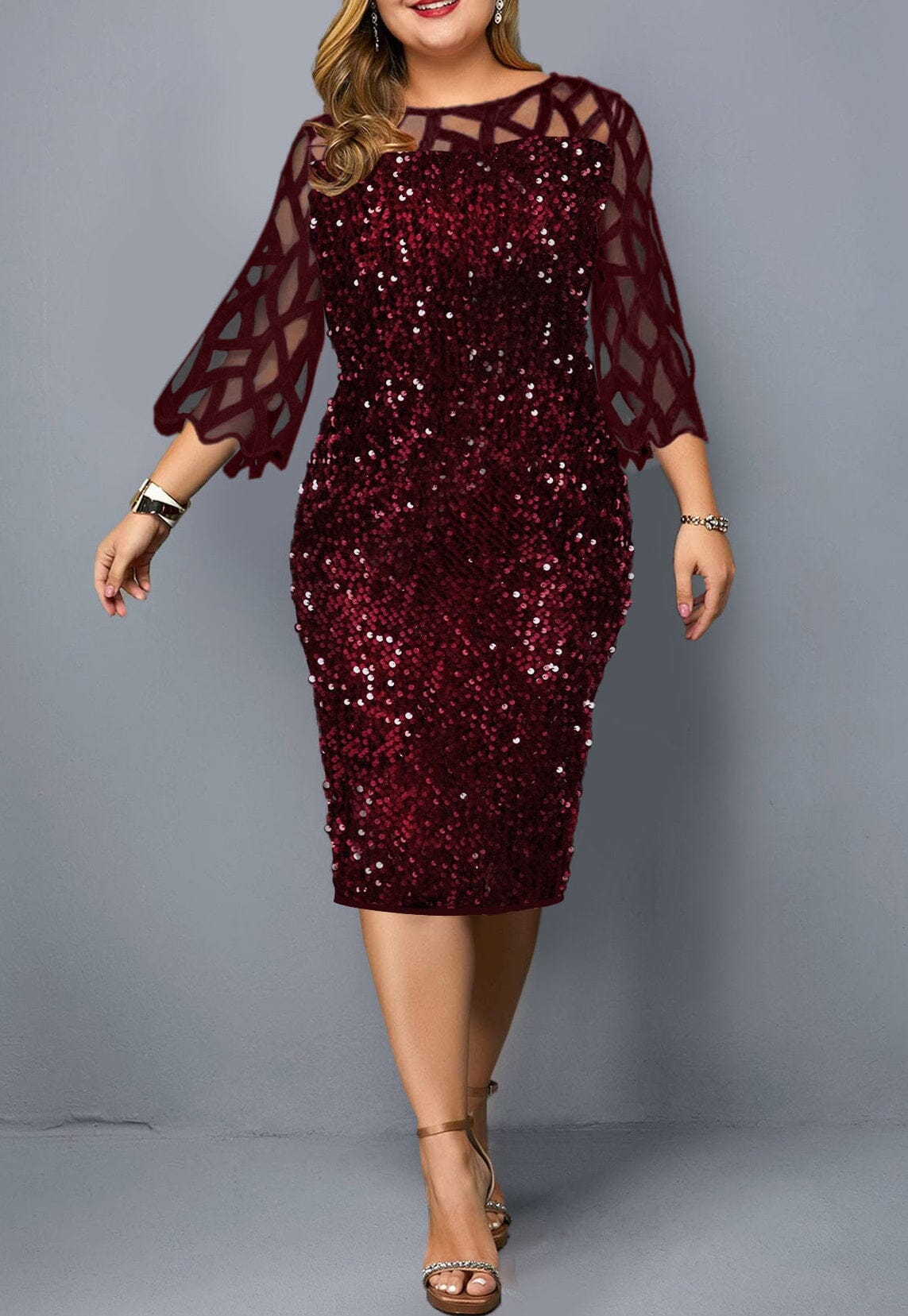Women Plus Size Elegant Sequin Sparkle 3/4 Sleeve Mesh Bodycon Wedding Evening Clubwear Party Midi Dress_ jehouze Red L 