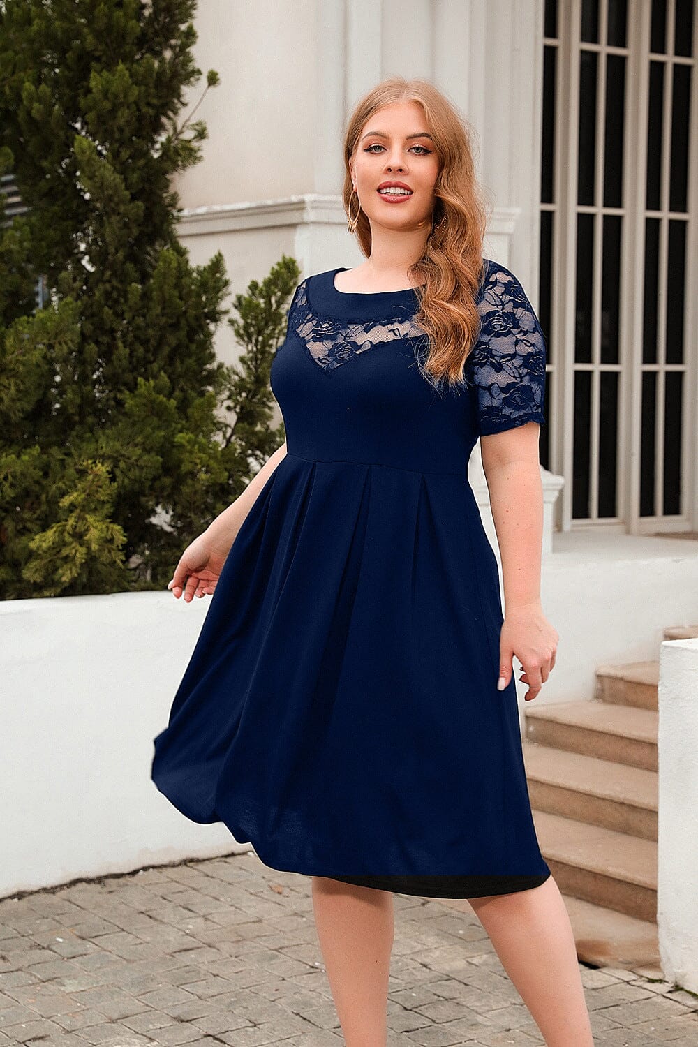 Women Size Lace Short Sleeve Round Flowy Dress – JeHouze.US