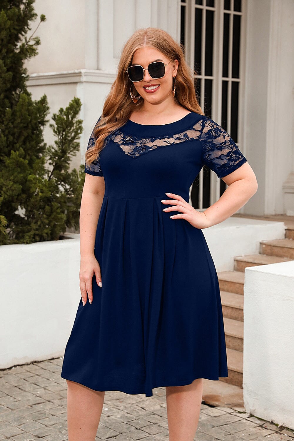 Women Plus Size Lace Casual Short Sleeve Round Neck Flowy Dress Dresses jehouze Blue 4XL 