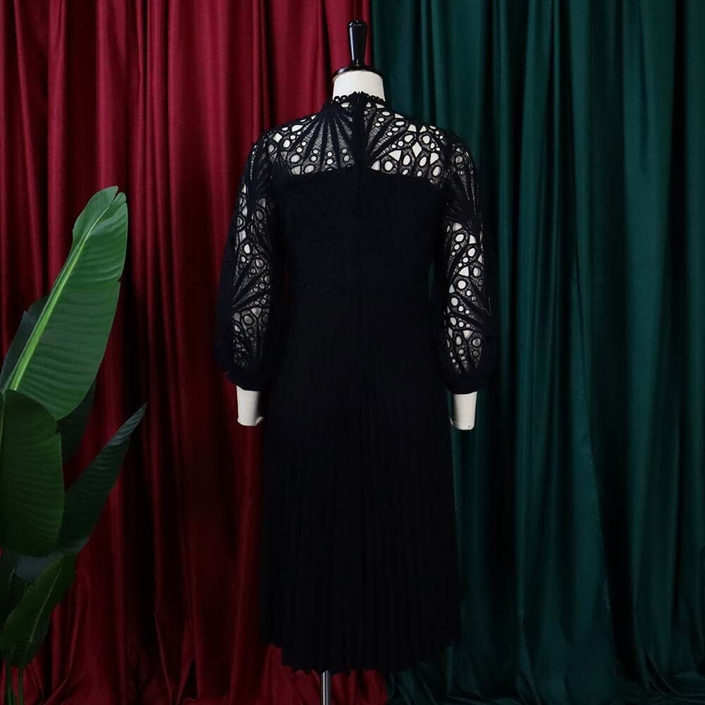 Women Plus Size Lace Long Lantern Sleeve Sexy Ruched Waistband A Line Evening Midi Dress_ jehouze 