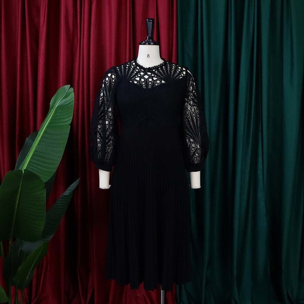 Women Plus Size Lace Long Lantern Sleeve Sexy Ruched Waistband A Line Evening Midi Dress_ jehouze 