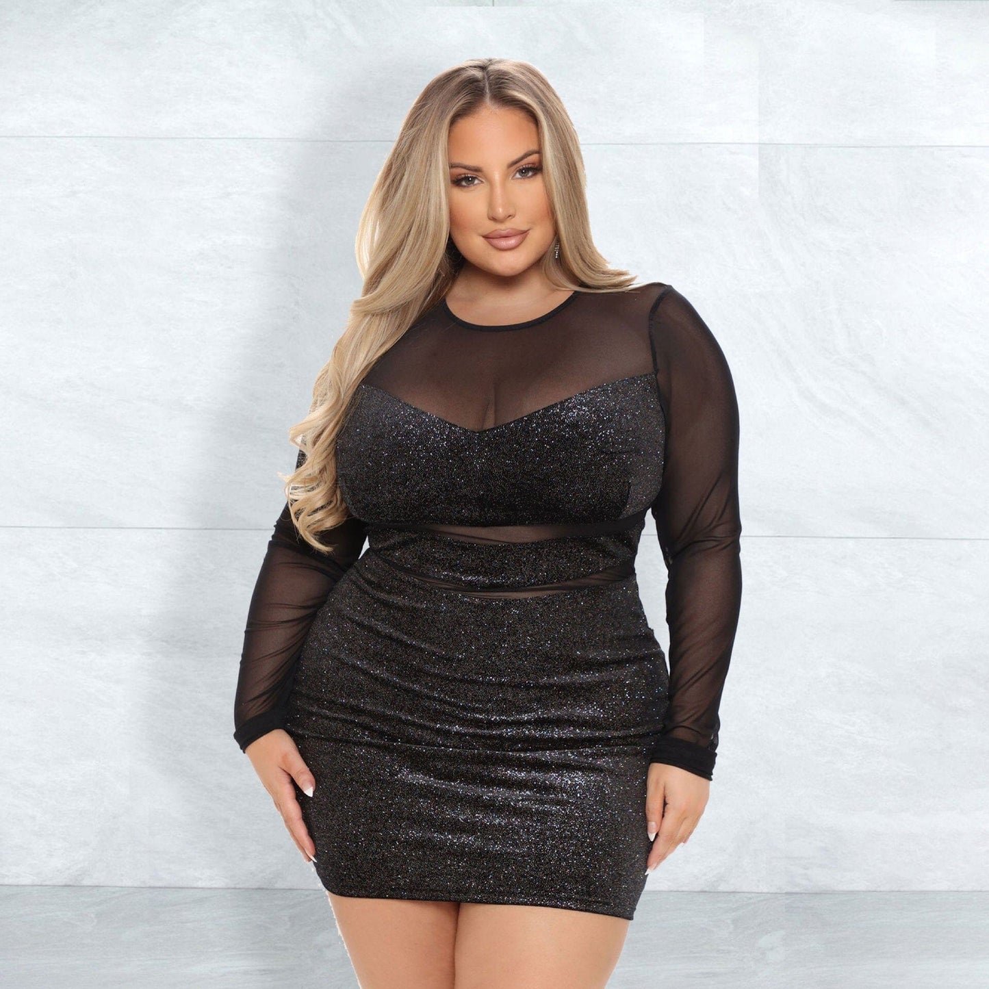 Plus Size Sexy Lingerie Dress, Women's Plus Butterfly Pattern Sheer Mesh  Cut Out Bodycon Dress With 1pair Oversleeves