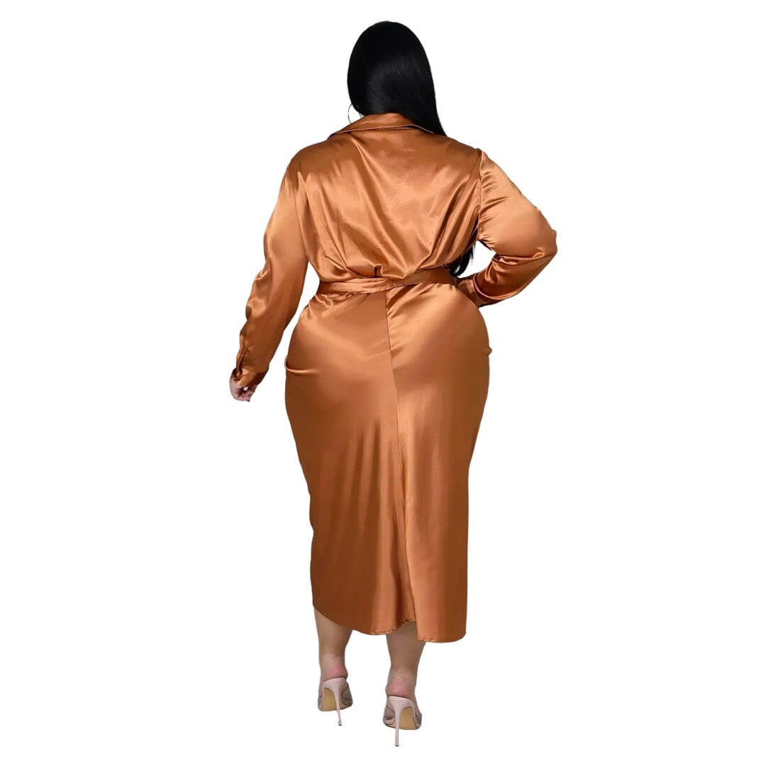 Women Plus Size Satin Long Sleeve Button Down Ruched Bodycon Party Cocktail Long Midi Dress_ jehouze 