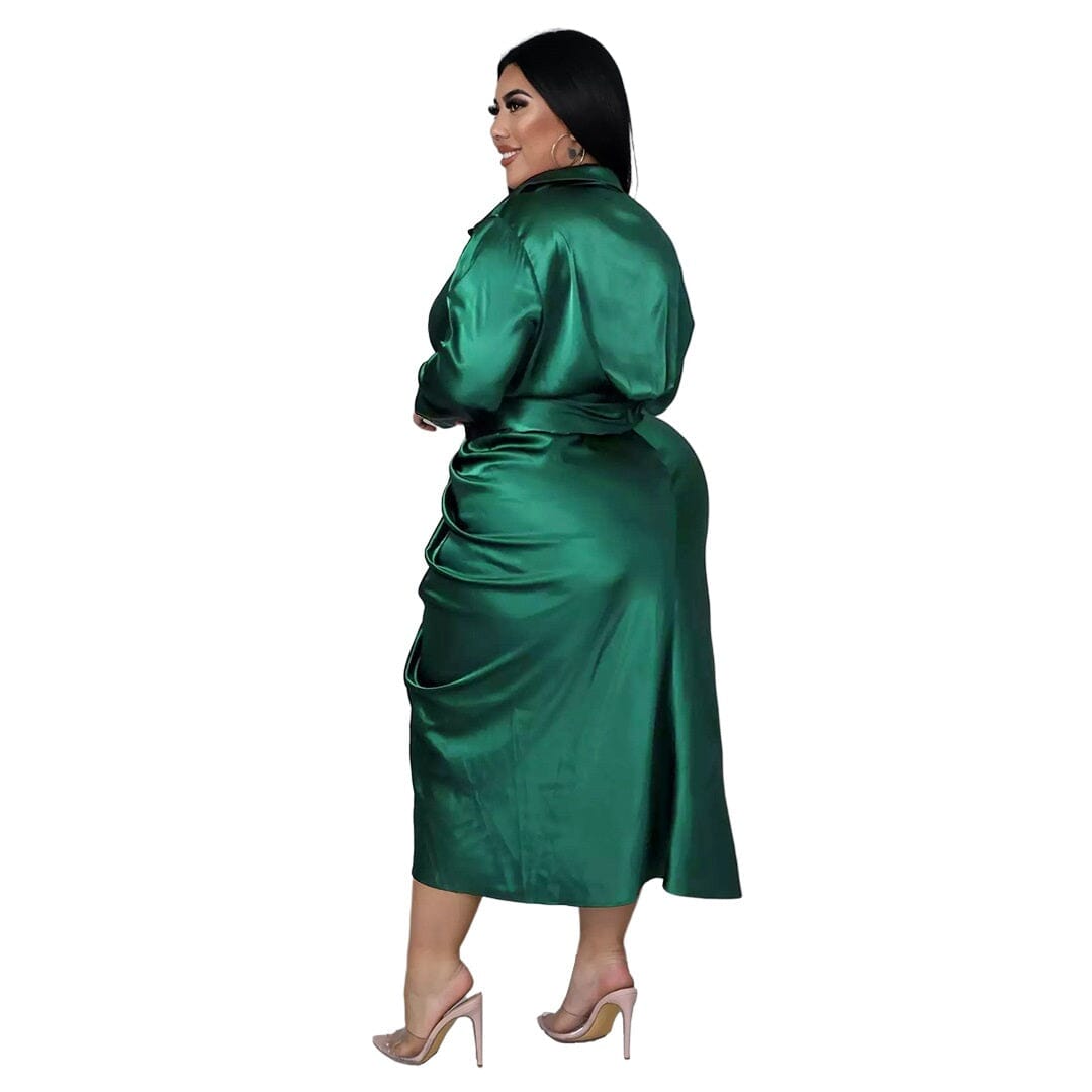 Women Plus Size Satin Long Sleeve Button Down Ruched Bodycon Party Cocktail Long Midi Dress_ jehouze 