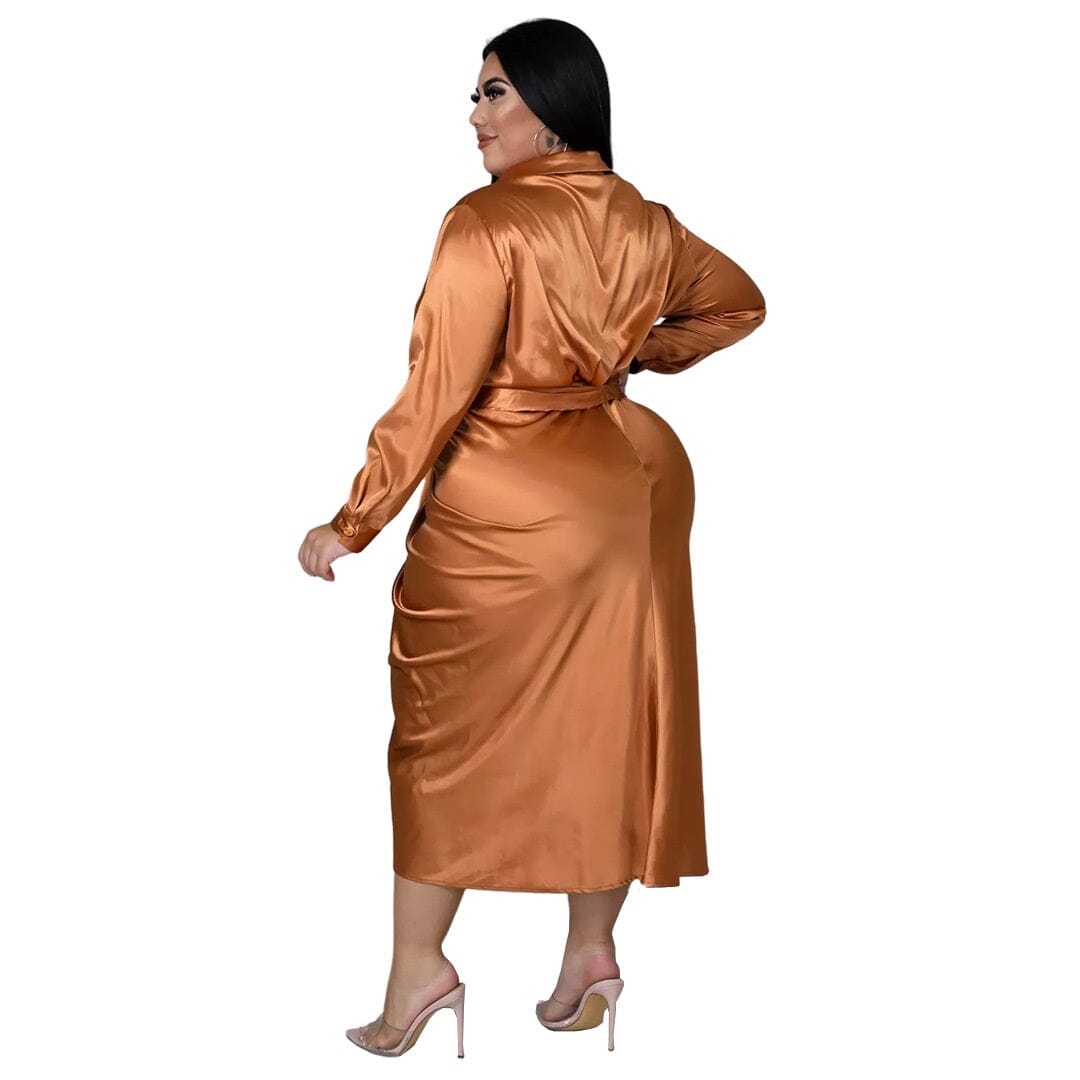 Women Plus Size Satin Long Sleeve Button Down Ruched Bodycon Party Cocktail Long Midi Dress_ jehouze 