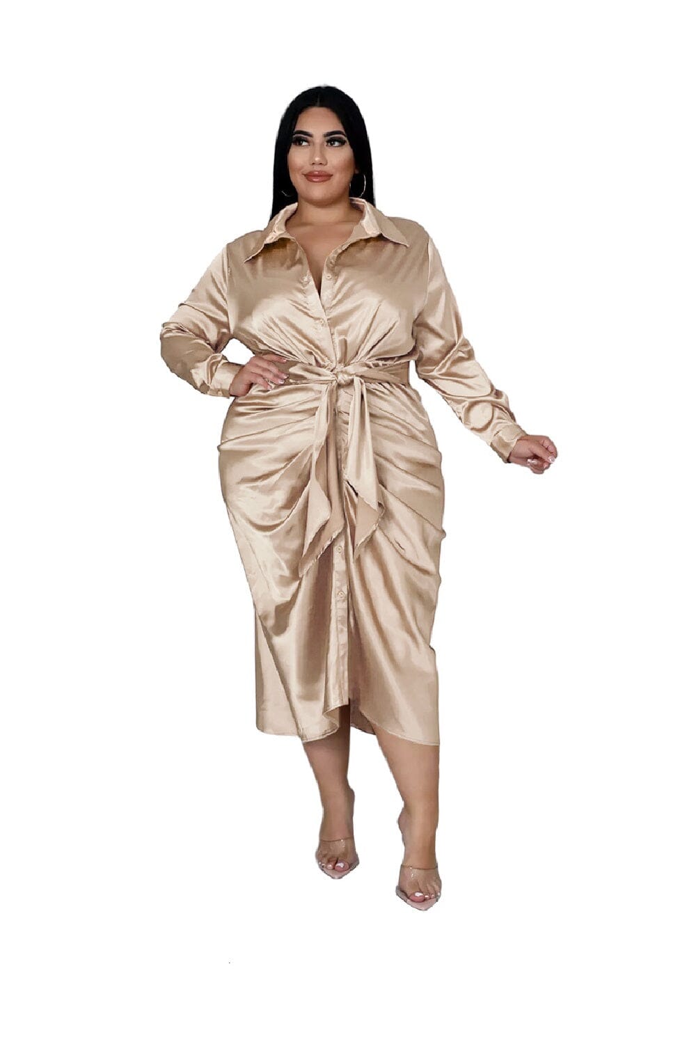Women Plus Size Satin Long Sleeve Button Down Ruched Bodycon Party Cocktail Long Midi Dress_ jehouze Beige XL 