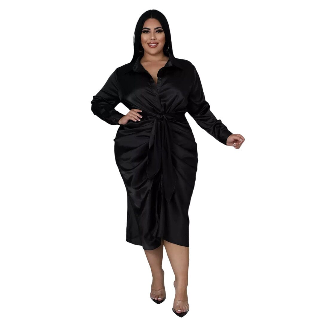 Women Plus Size Satin Long Sleeve Button Down Ruched Bodycon Party Cocktail Long Midi Dress_ jehouze Black XL 