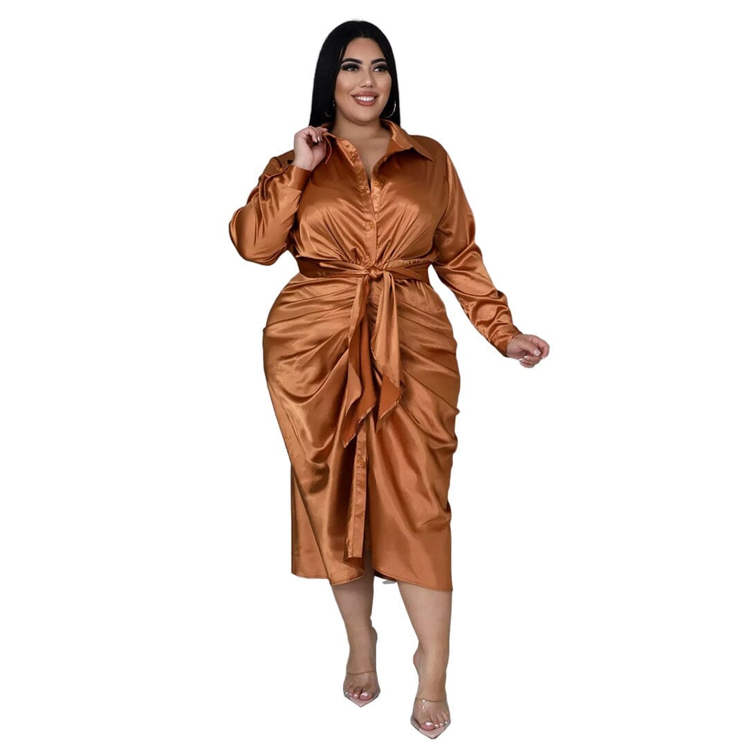 Women Plus Size Satin Long Sleeve Button Down Ruched Bodycon Party Cocktail Long Midi Dress_ jehouze Bronze XL 