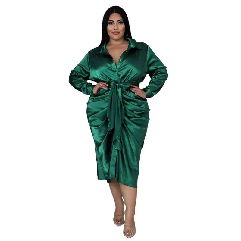 Women Plus Size Satin Long Sleeve Button Down Ruched Bodycon Party Cocktail Long Midi Dress_ jehouze Green XL 