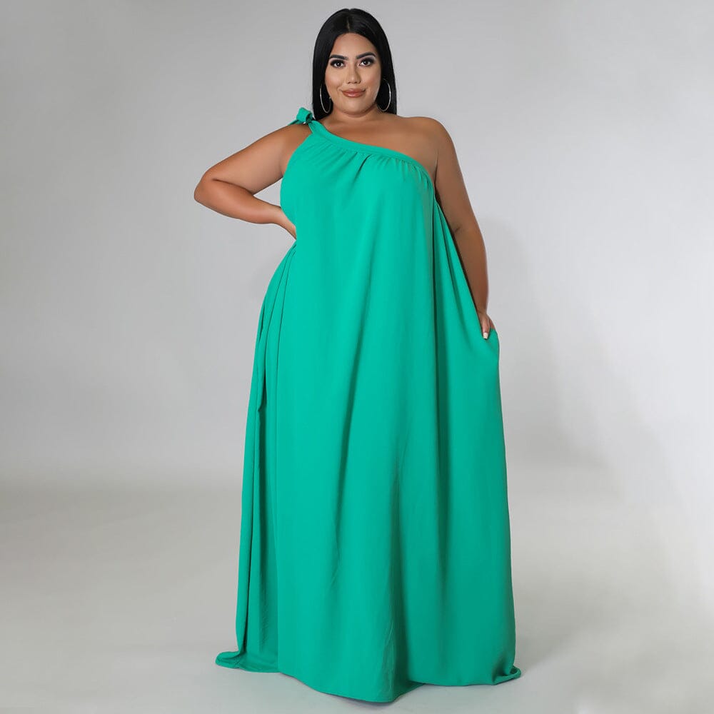 Women Plus Size Summer Sleeveless One Shoulder Self Tie Long Beach Maxi Dress Dresses jehouze 