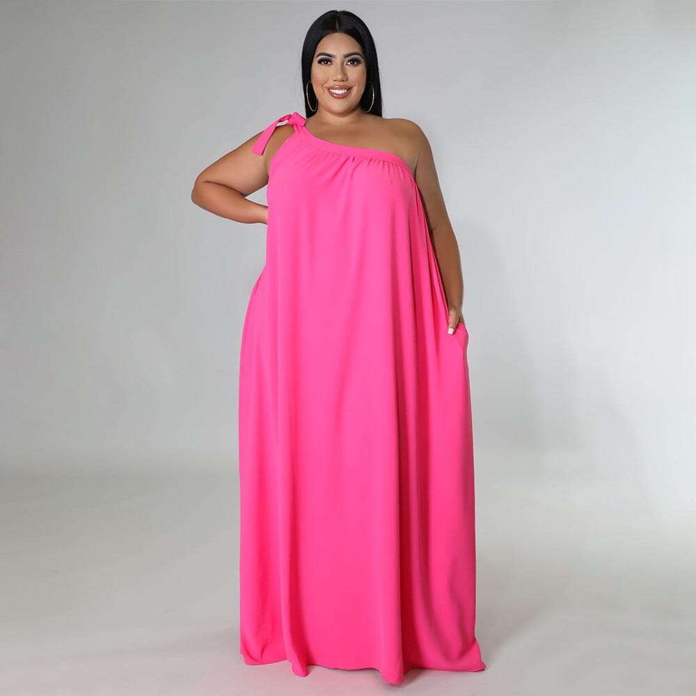 Women Plus Size Summer Sleeveless One Shoulder Self Tie Long Beach Maxi Dress Dresses jehouze 