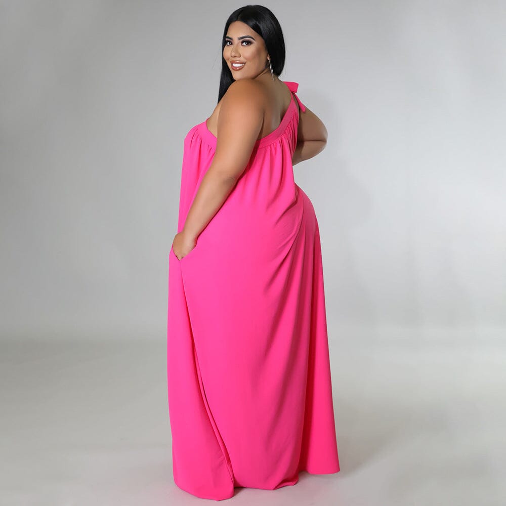 Women Plus Size Summer Sleeveless One Shoulder Self Tie Long Beach Maxi Dress Dresses jehouze 