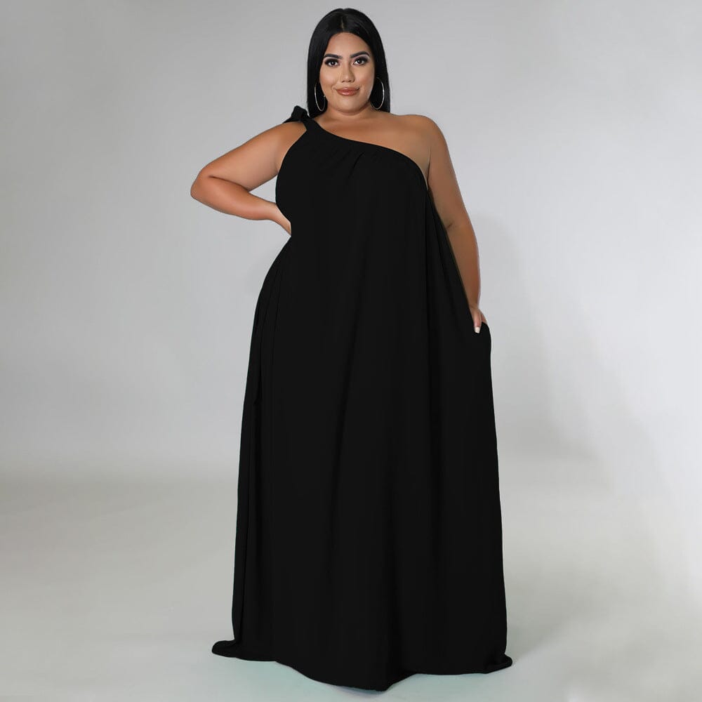 Women Plus Size Summer Sleeveless One Shoulder Self Tie Long Beach Maxi Dress Dresses jehouze Black L 