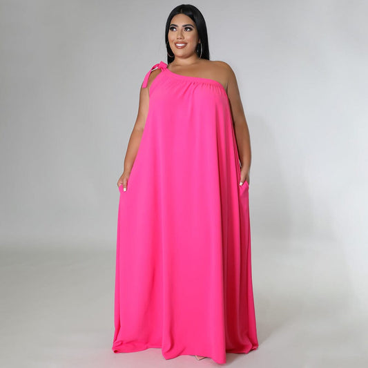 Women Plus Size Summer Sleeveless One Shoulder Self Tie Long Beach Maxi Dress Dresses jehouze Pink L 