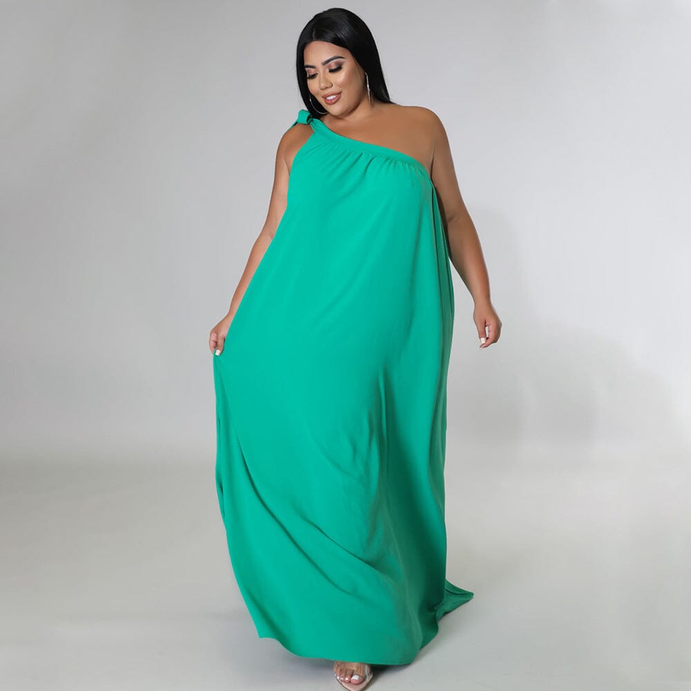 Women Plus Size Summer Sleeveless One Shoulder Self Tie Long Beach Maxi Dress Dresses jehouze Turquoise L 