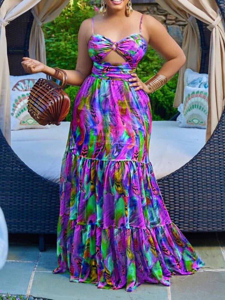 Women Plus Size Summer Sleeveless Spaghetti Straps Cutout Beach Long Maxi Dress Dresses jehouze 
