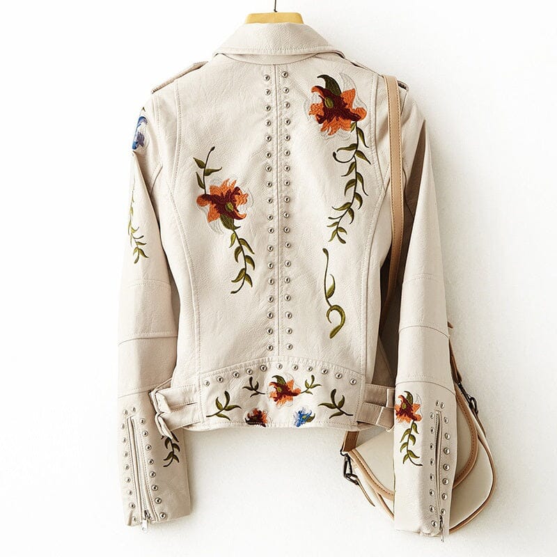 Women Retro Floral Print Embroidery Soft Faux Leather Turndown Collar Moto Jacket Coat_ jehouze 