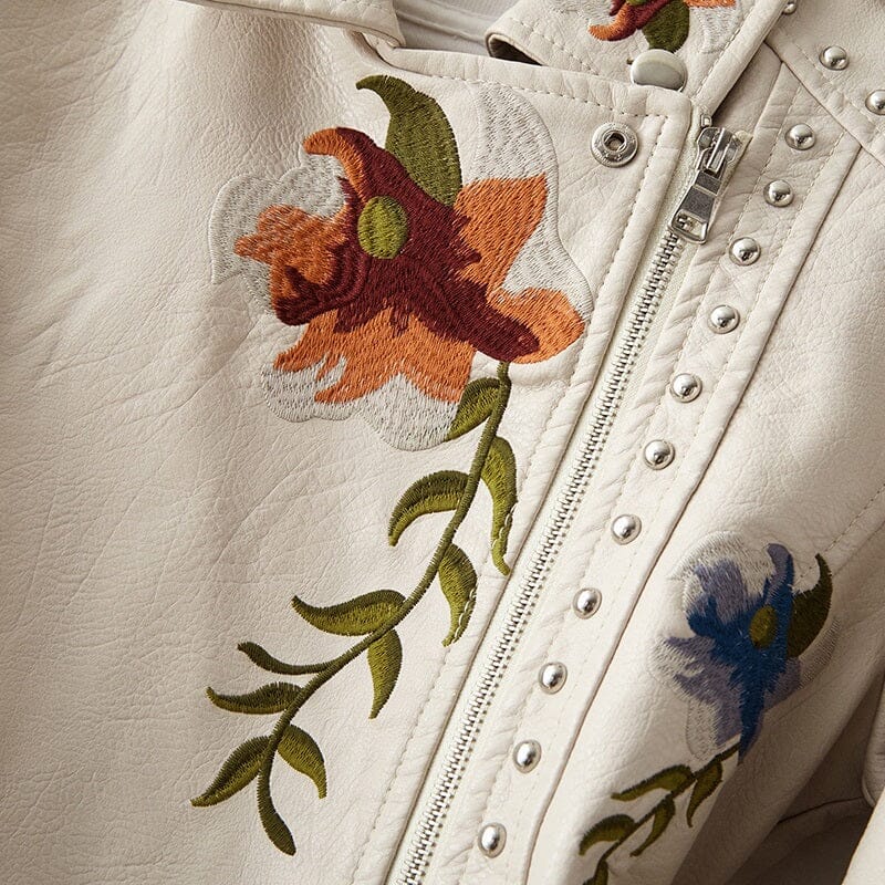 Women Retro Floral Print Embroidery Soft Faux Leather Turndown Collar Moto Jacket Coat_ jehouze 
