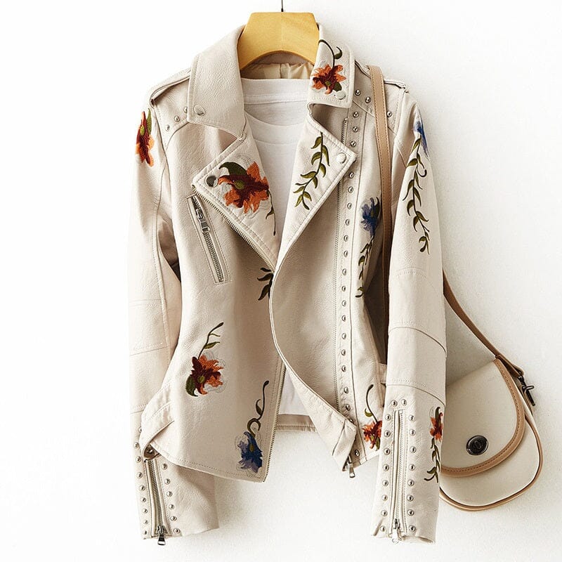 Women Retro Floral Print Embroidery Soft Faux Leather Turndown Collar Moto Jacket Coat_ jehouze Beige S 