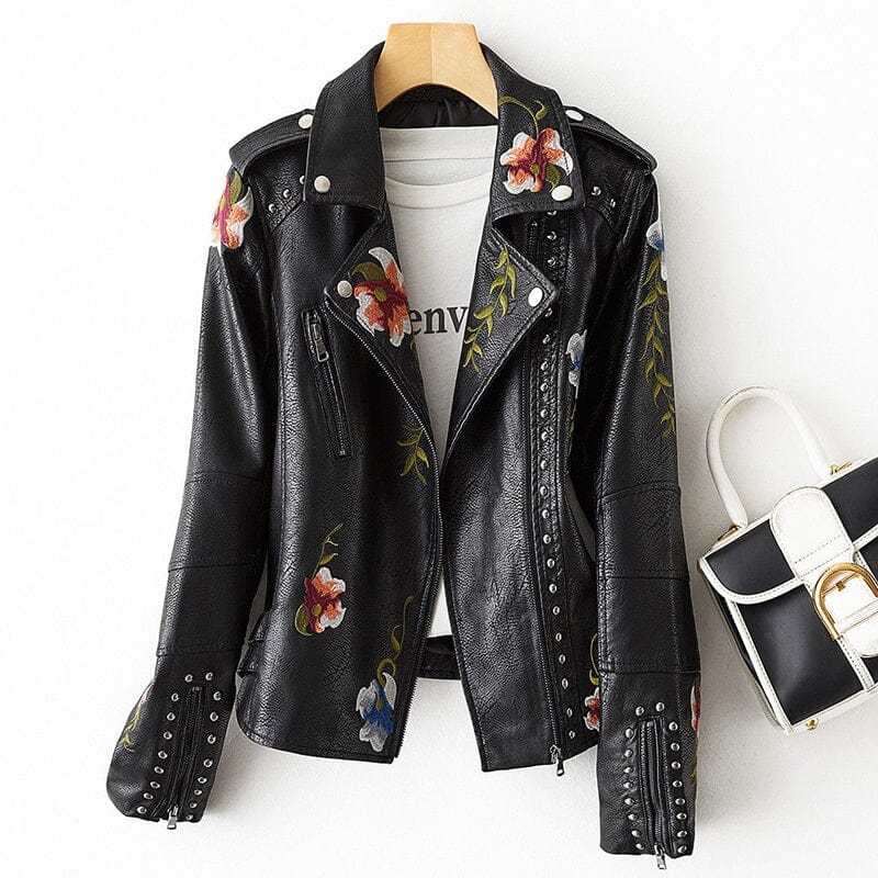 Women Retro Floral Print Embroidery Soft Faux Leather Turndown Collar Moto Jacket Coat_ jehouze Black S 
