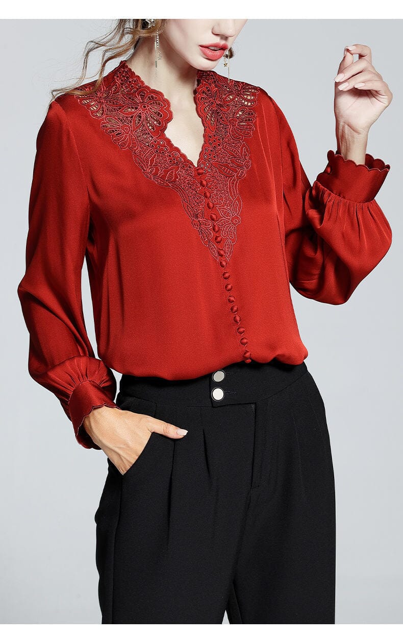 Women Retro Lace Embroidery Satin Blouse Elegant V Neck Long Sleeve Formal Tops Shirts & Tops jehouze 