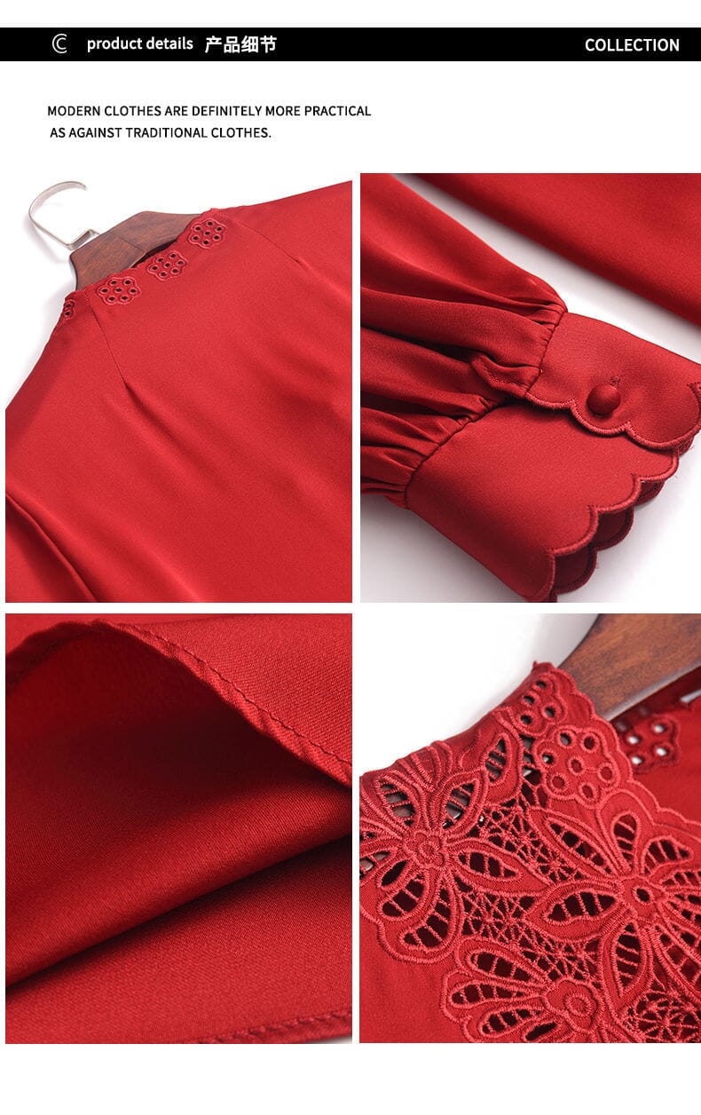 Women Retro Lace Embroidery Satin Blouse Elegant V Neck Long Sleeve Formal Tops Shirts & Tops jehouze 