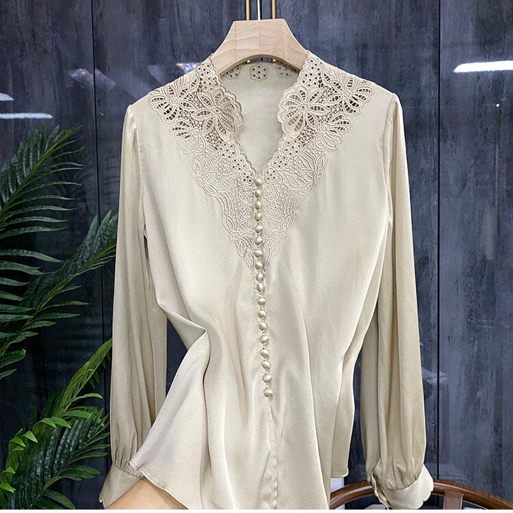 Women Retro Lace Embroidery Satin Blouse Elegant V Neck Long Sleeve Formal Tops Shirts & Tops jehouze Beige M 