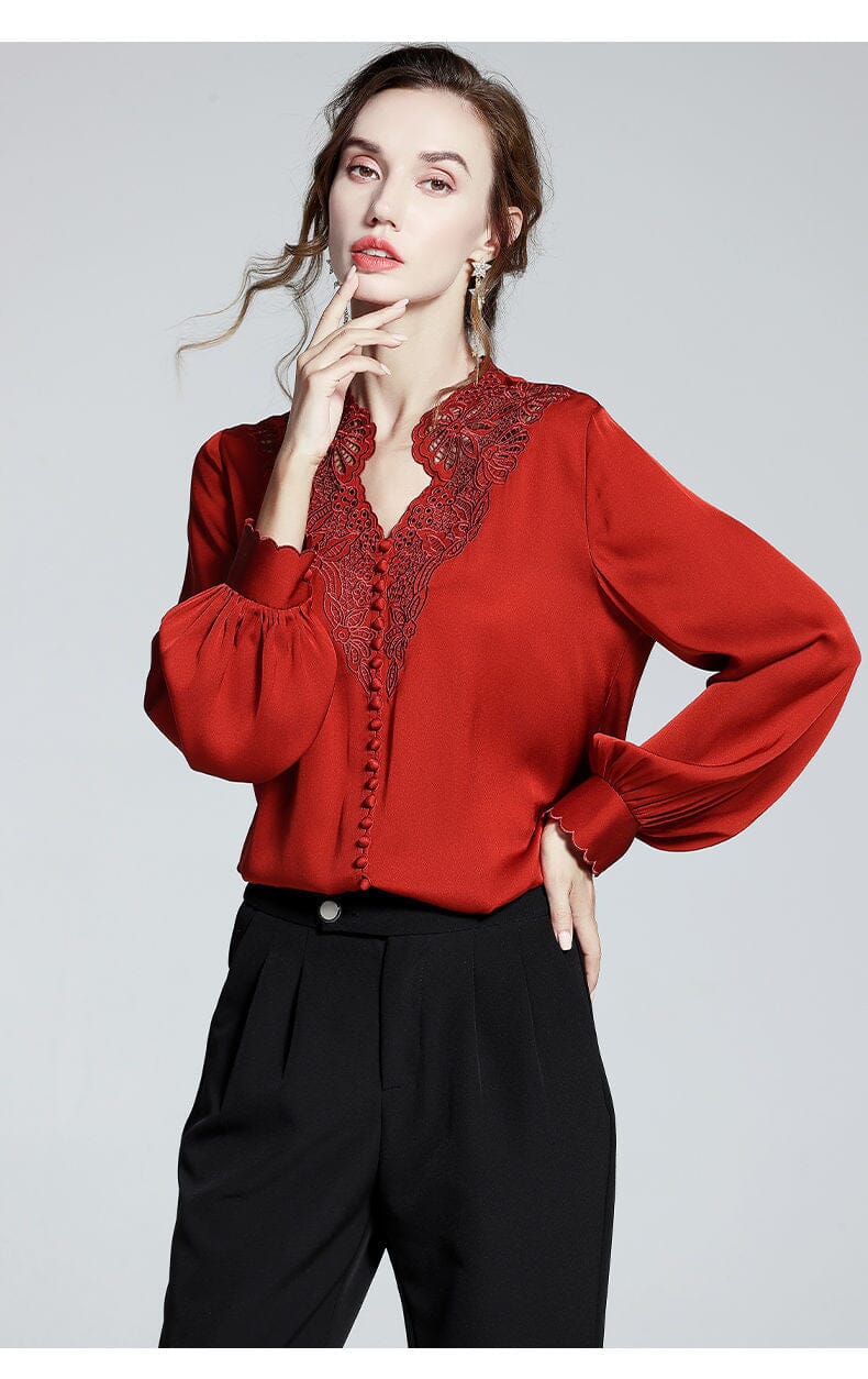 Women Retro Lace Embroidery Satin Blouse Elegant V Neck Long Sleeve Formal Tops Shirts & Tops jehouze Red M 