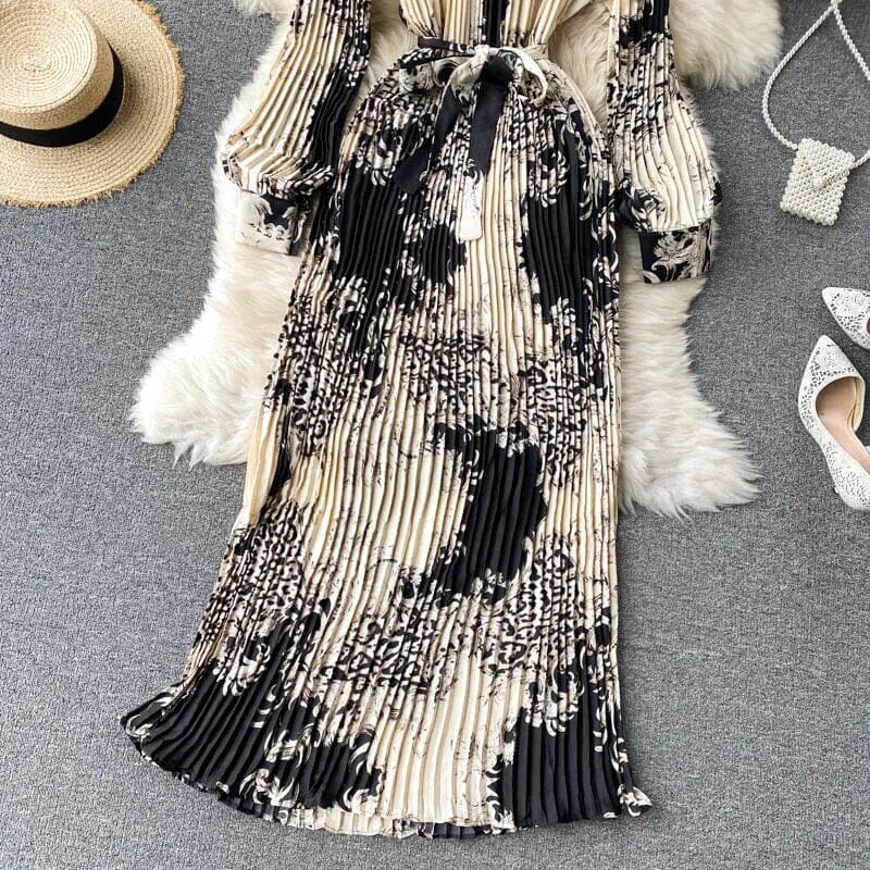 Women Retro Long Sleeve Mock Neck A Line Pleated Belted Flare Cocktail Long Maxi Dress Dresses jehouze 