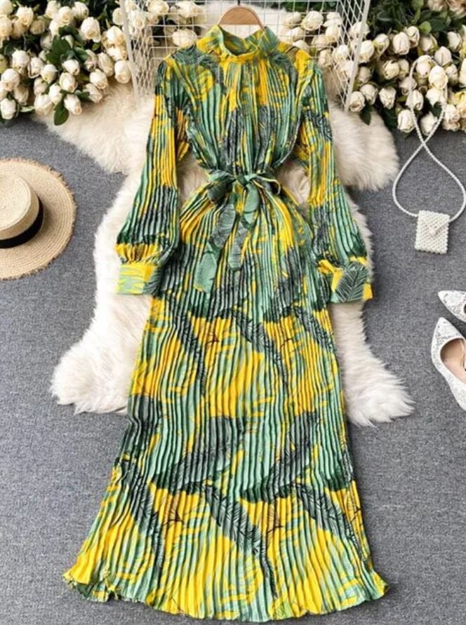 Women Retro Long Sleeve Mock Neck A Line Pleated Belted Flare Cocktail Long Maxi Dress Dresses jehouze Green ONE SIZE 
