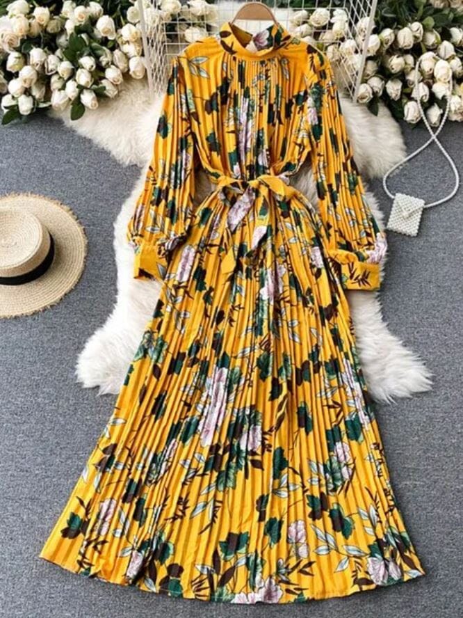 Women Retro Long Sleeve Mock Neck A Line Pleated Belted Flare Cocktail Long Maxi Dress Dresses jehouze Yellow ONE SIZE 