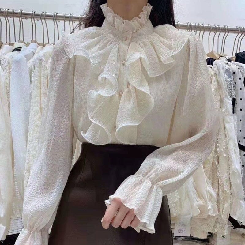 Women Ruffle Stitching Vintage Palace Long Flare Sleeve Button Mock Neck Chiffon Shirt Top jehouze 
