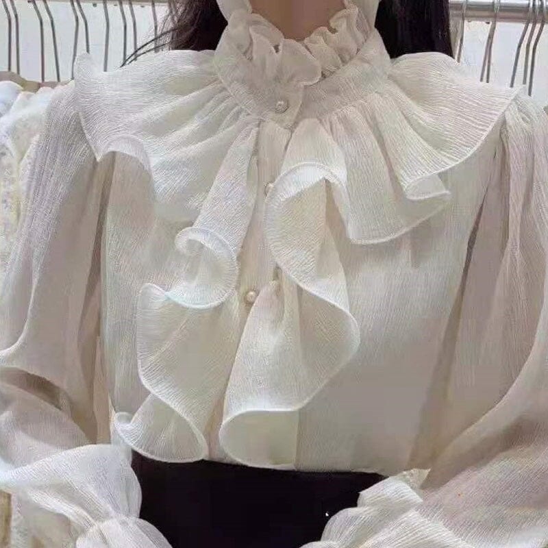 Women Ruffle Stitching Vintage Palace Long Flare Sleeve Button Mock Neck Chiffon Shirt Top jehouze 