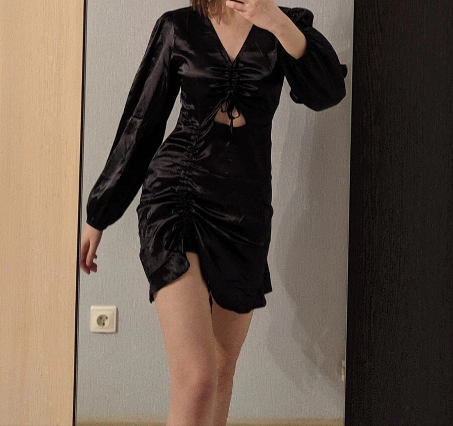 Women Sexy Black Deep V Neck Long Balloon Sleeve Front Cut out Ruched Ruffle Hem Satin Party Night Club Holiday Mini Dress jehouze 