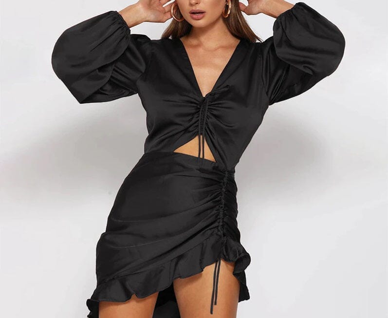 Women Sexy Black Deep V Neck Long Balloon Sleeve Front Cut out Ruched Ruffle Hem Satin Party Night Club Holiday Mini Dress jehouze 