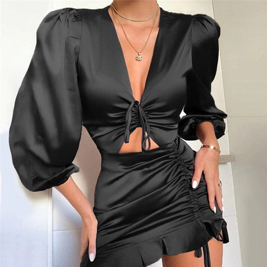 Women Sexy Black Deep V Neck Long Balloon Sleeve Front Cut out Ruched Ruffle Hem Satin Party Night Club Holiday Mini Dress jehouze Black S 