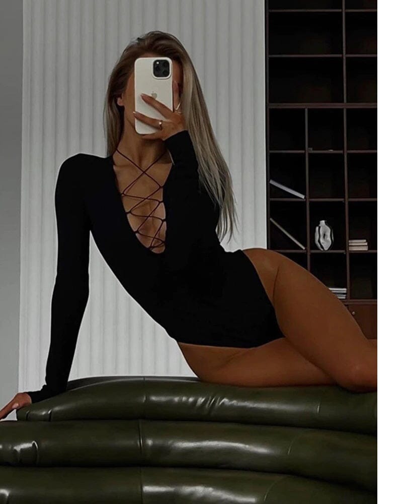 Eixyhueg Women's Sexy Zip Up Deep V Neck Bodysuit Long Sleeve
